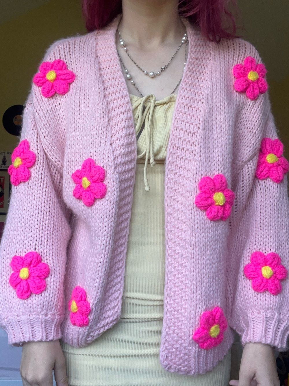 Hand-Knit Pink Floral-Appliqué Cardigan Sweater